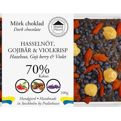 70% Dark Chocolate - Hazelnut, Gojiberry & Violetcrisp