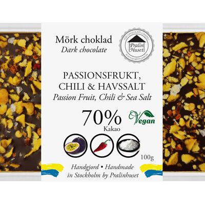 Chocolate negro vegano al 70 %: crujiente de maracuyá, chile y sal marina (100 g)