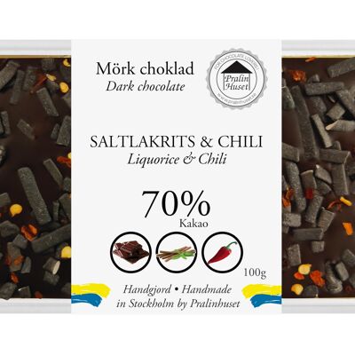70% Dark Chocolate - Salty liquorice & Chili (100g)