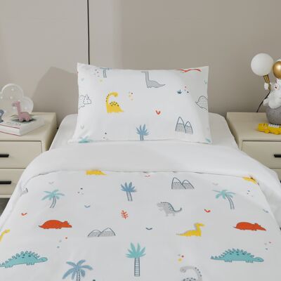 CONJUNTO DE LENÇÓIS STAMPADOS PARA CRIANÇA DINOSSAUROS EM BRANCO (CAMA 90/100)