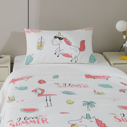 CONJUNTO DE LENÇÓIS ESTAMPADOS PARA CRIANÇA FLAMINGOS EM BRANCO (CAMA 90/100)