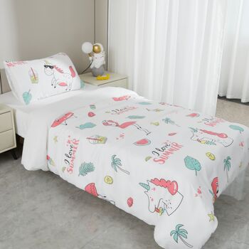 CONJUNTO DE LENÇÓIS ESTAMPADOS PARA CRIANÇA FLAMINGOS EM BRANCO (CAMA 90/100) 2