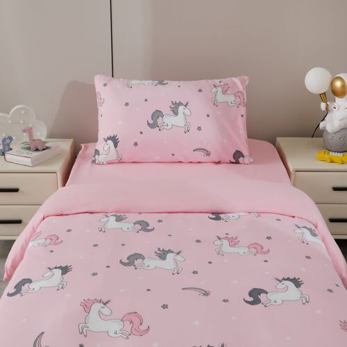 CONJUNTO DE LENÇÓIS ESTAMPADOS PARA CRIANÇA UNICÓRNIO EM ROSA (CAMA 90/100)