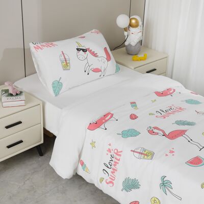 Weißer Bettbezug mit Einhorn- und Flamingo-Print