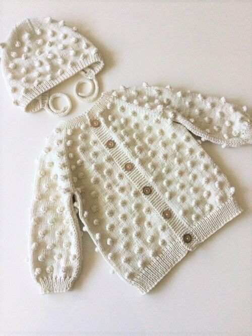 Organic Cotton Handcrafted Pop Corn Baby Cardigan and Bonnet