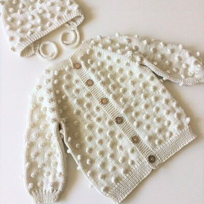 Cardigan et bonnet en coton bio fabriqués à la main pour bébé Pop Corn