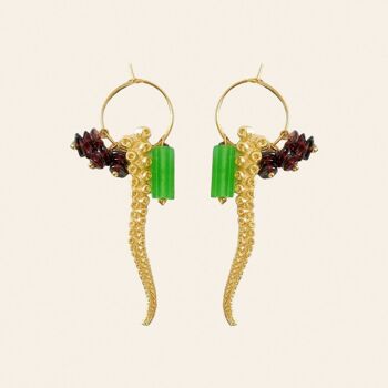 Boucles d'oreilles Wanda, acier inoxydable, zamac doré, jade et grenats 5