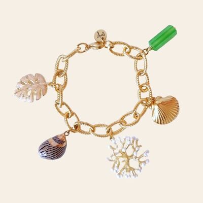 Ubald chain bracelet, stainless steel, golden zamac, shell, resin and jade