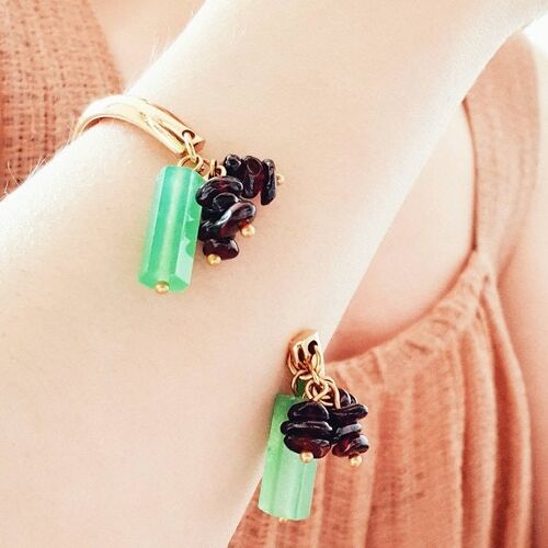 Bracelet jonc Waast, acier inoxydable, jade et grenats