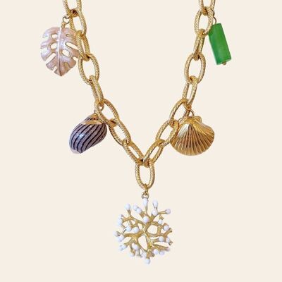Ugo necklace, stainless steel, golden zamac, shell, resin and jade