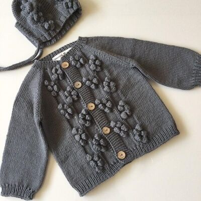 Organic Hand Knitted Lemon Tree Baby Cardigan and Bonnet