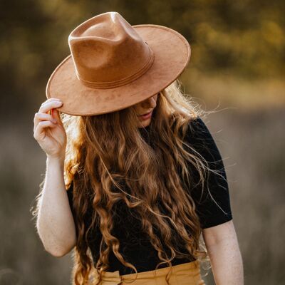 Chapeau fedora à large bord, chapeau fait main, chapeau à bord plat, chapeau boho en daim