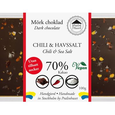 Chocolat noir 70 % végétalien (sans sucre ajouté) - Piment et sel de mer (100 g)
