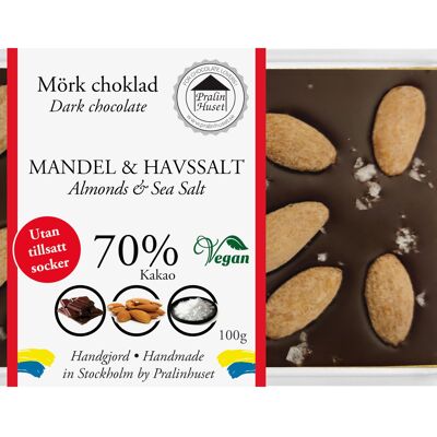 Cioccolato Fondente 70% Senza Zuccheri (senza zuccheri aggiunti) - Mandorle e Sale Marino