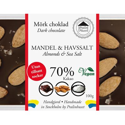 Chocolat noir 70 % végétalien (sans sucres ajoutés) - Amandes et sel de mer (100 g)