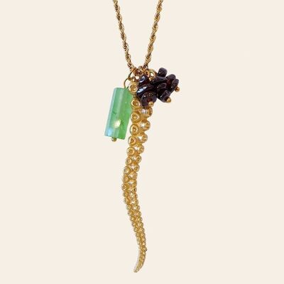 Waldemar necklace, stainless steel, golden zamac, jade and garnets