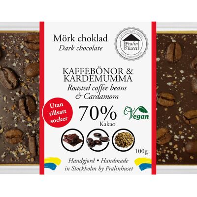 Chocolat noir 70 % végétalien (sans sucre ajouté) - Grains de café et cardamome (100 g)