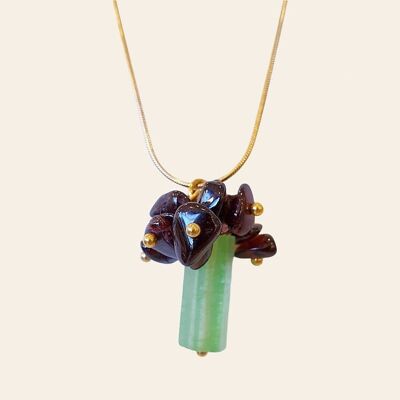 Walder necklace, stainless steel, jade and garnets