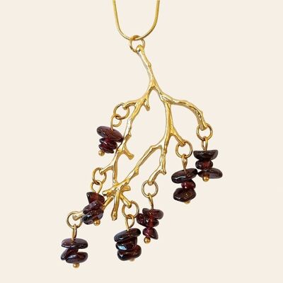 Yec'han necklace, stainless steel, matte golden zamac and natural garnet stones