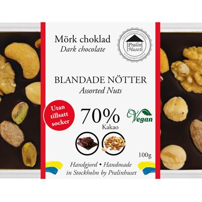 Chocolat noir végétalien 70 % (sans sucre ajouté) - Noix mélangées (100 g)