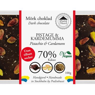 Chocolat noir 70 % végétalien (sans sucres ajoutés) - Pistache et cardamome (100 g)