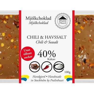 Cioccolato al latte 40% (senza zuccheri aggiunti) - Peperoncino e sale marino (100 g)