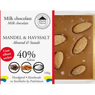 Chocolat au Lait 40% Sans Sucre (sans sucre ajouté) - Amande & Fleur de Sel