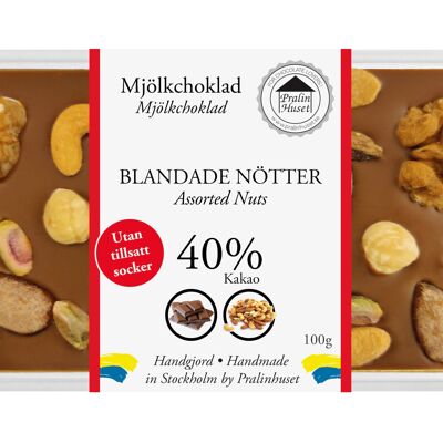 Chocolat au lait 40 % (sans sucre ajouté) - Noix mélangées (100 g)