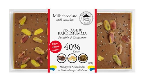 Sugarfree 40% Milk Chocolate (no added sugar) -  Pistachio & Cardamom