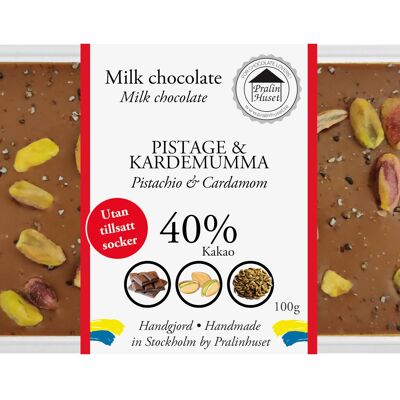 Chocolat au lait 40% (sans sucres ajoutés) - Pistache et Cardamome (100g)