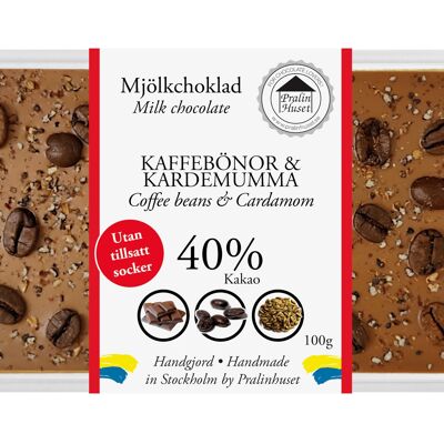Chocolat au lait 40% (sans sucre ajouté) - Grains de café et cardamome (100g)