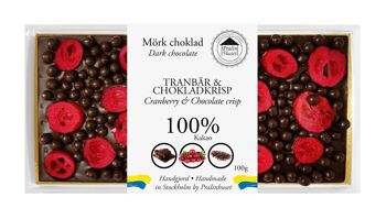 Chokladkaka 100% Extra Mörk choklad - Tranbär & Chokladkrisp 100g 1
