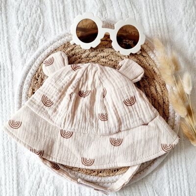 Cappello da sole per bebè in mussola - Beige con Arcobaleno
