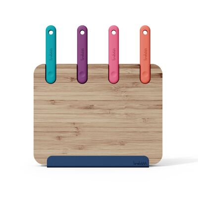 blocs  de 4 couteaux japonais en acier inoxydable avec bloc en bambou, support pour smartphone et tablette et planche à découper en bambou