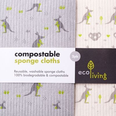 Compostable Sponge Cleaning Cloths - Wildlife Rescue 2 pack Kangeroo