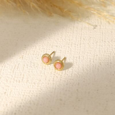 Gold stud earrings with pink pearl