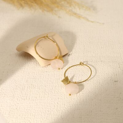 Hoop earrings with triangular pendant and a pink stone