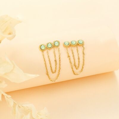 Triple green rhinestone earrings and chains
