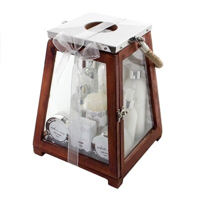 Bath set in a large wooden lantern (23 x 23 x 31 cm), gift set for women with shower gel, body lotion and much more; Scent: White Tea