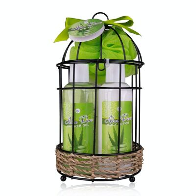 Ensemble de bain ALOE VERA dans un panier en forme de cage à oiseaux, coffret cadeau pour femme avec gel douche, lotion pour le corps, bain moussant, sel de bain et éponge en filet