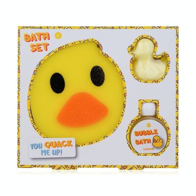 Set de baño HAPPY ANIMALS en caja de regalo, set de regalo para niños en diseño de pato con baño de burbujas, bola de baño y esponja de baño; Aroma: limón