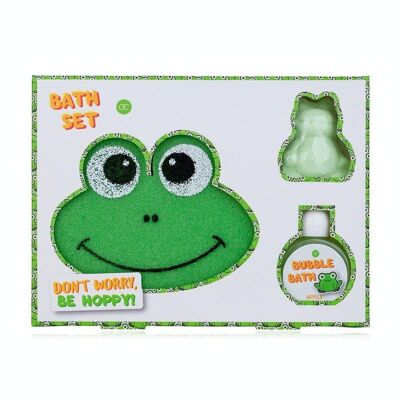 Set de bain HAPPY ANIMALS dans un coffret cadeau, set cadeau pour enfants en forme de grenouille avec bain moussant, boule de bain et éponge de bain ; Parfum : pomme