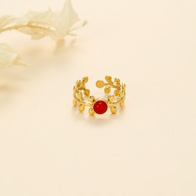 Bague contour feuille et pierre rouge