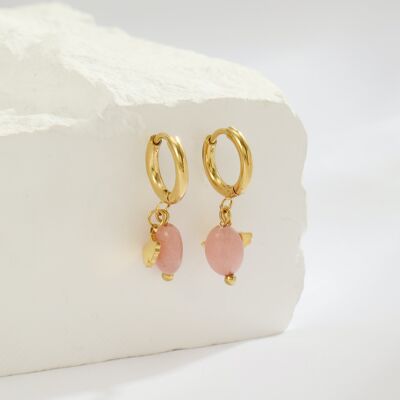 Mini orecchini a cerchio con fiore di ginkgo e pietra rosa