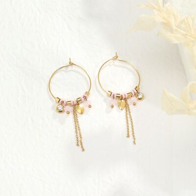 Hoop earrings with hanging chains and pink stones