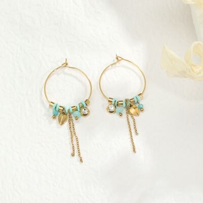 Hoop earrings with dangling chains and blue stones