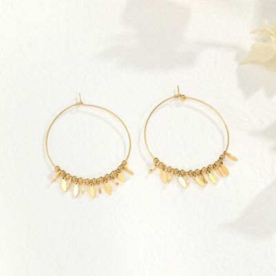 Hoop earrings and golden pendants.