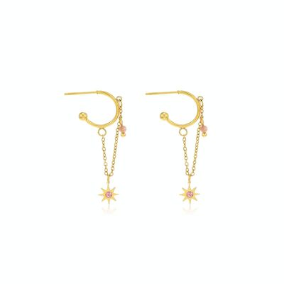 Chain earrings, pendant
 star and pink rhinestones