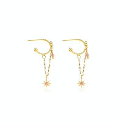 Boucles d'oreilles chaîne, pendentif 
 étoile et strass rose