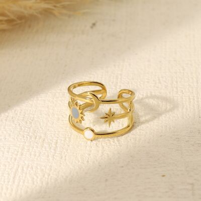 Mother-of-pearl moon sun star triple line ring